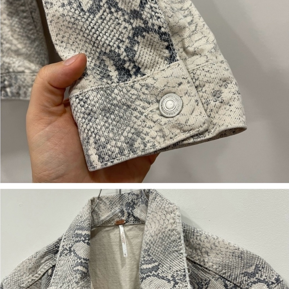 Free People Snakeskin Print Trucker Jacket Button Front Distressed Trims Size S - Picture 3 of 3